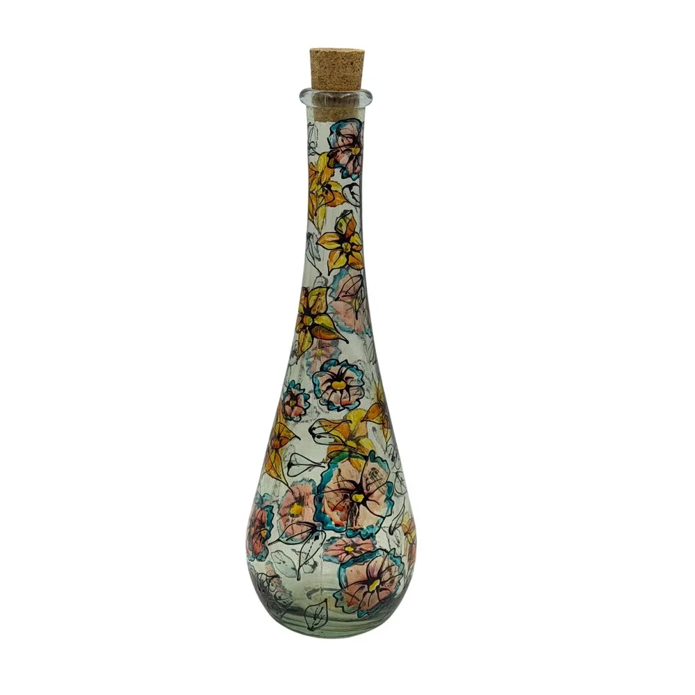 Hand Painted Floral Glass Bottle Home DecorCork Stopper England Artisanal 10in